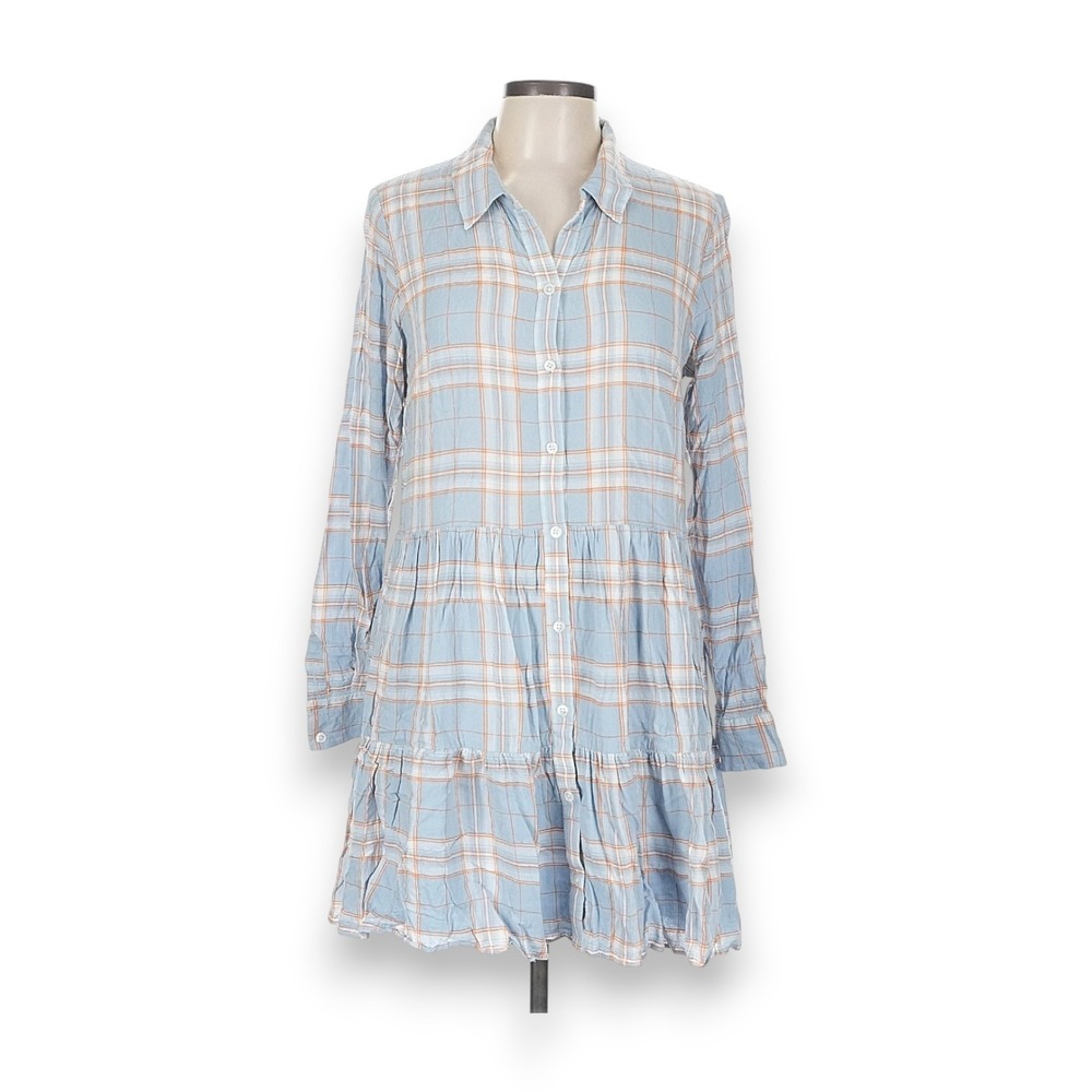 Veronica Beard‎ Jemila Shirt Dress in Vapor Multi Plaid Large Cottagecore Tiered